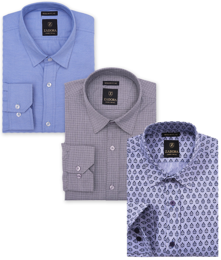ZADORA Pack of 3 Men's Cotton Regular Fit Full Sleeves Stylish, Comfortable Casual & Formal Shirt