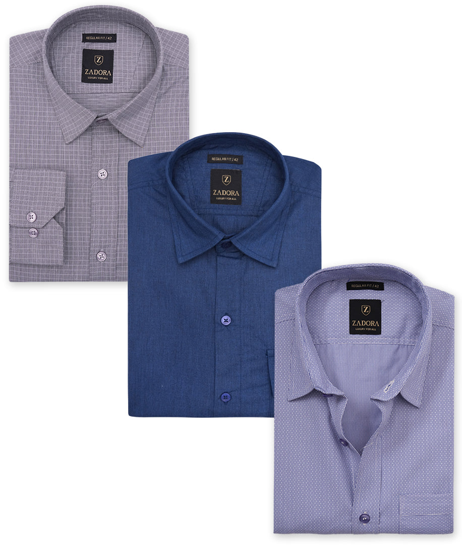 ZADORA Pack of 3 Men's Cotton Regular Fit Full Sleeves Stylish, Comfortable Casual & Formal Shirt