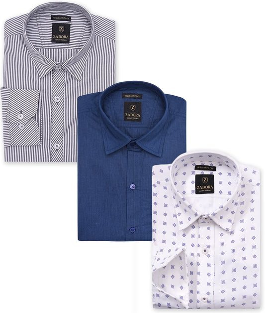 ZADORA Pack of 3 Men's Cotton Regular Fit Full Sleeves Stylish, Comfortable Casual & Formal Shirt